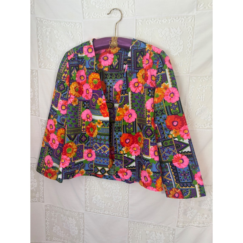 70's Style Vibrant Floral Patchwork Print Open Front Cardigan Top‎ Size L